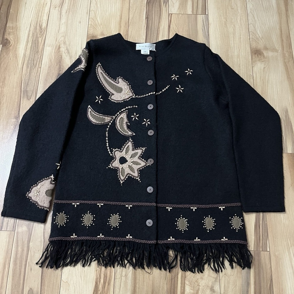 VTG Susan Bristol Sweater Medium Black Wool Cardigan Embroidered Wood Beaded Art